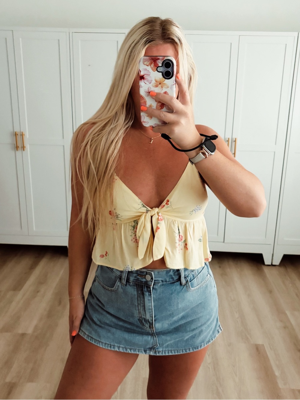Yellow and red floral front tie crop tank top